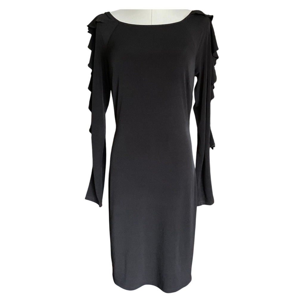 Bebe Black Ruffle Long Sleeve Boat Neck Sheath Cocktail Dress Small Y2K - Picture 2 of 13